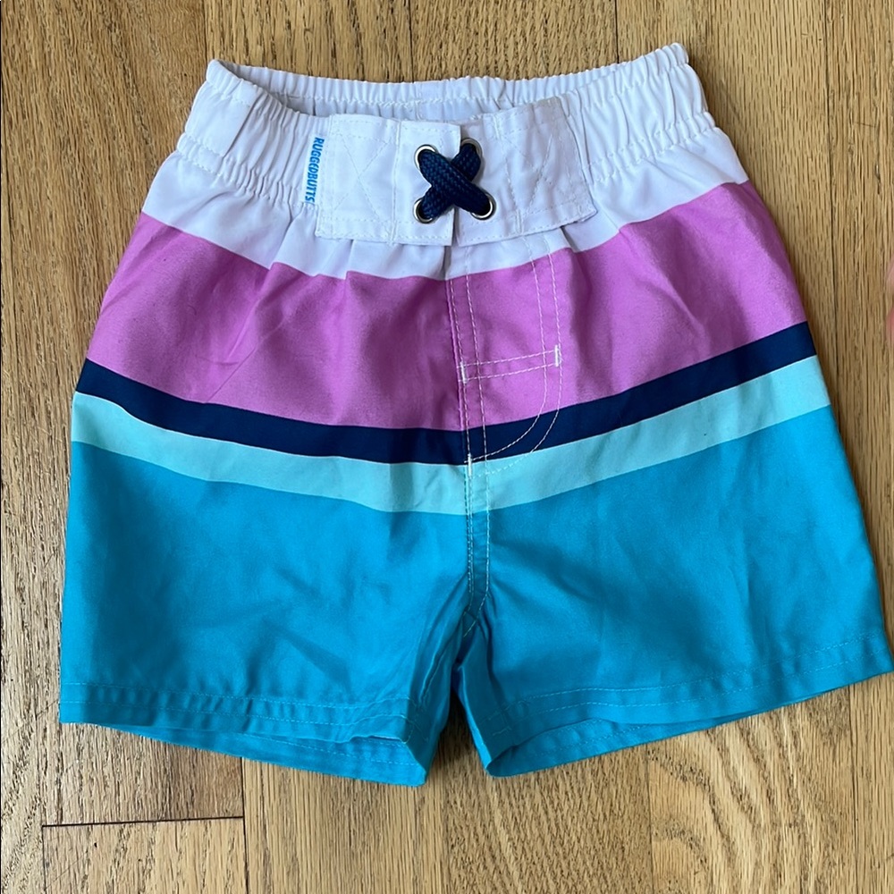 Pink and Blue Color-Block Swim Shorts with Elastic Waistband